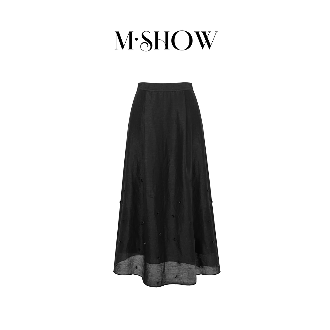 【墨秀真丝】桑蚕丝亚麻手工钉珠高端时尚气质女士真丝半裙5093Q