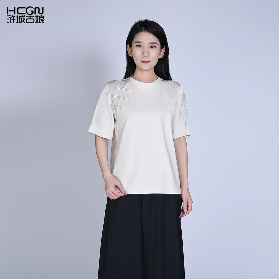 浒城古娘国风中式新款休闲百搭时尚短袖雾野山茶上衣HBSS180065