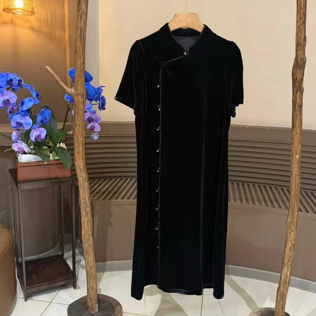 真丝丝绒旗袍领重工串珠短袖连衣裙