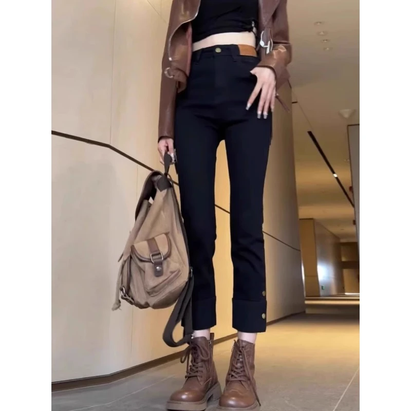 高腰烟管牛仔裤子女2025秋冬加绒加厚梨形身材显瘦弹力九分直筒裤