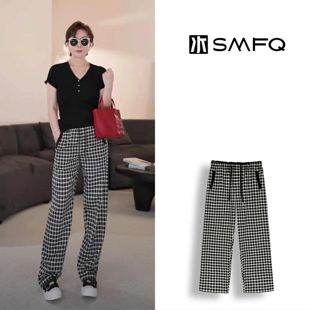水木夫妻”艺术格调”醋酸天丝莱赛尔 夏季显瘦格子裤SMFQ2857