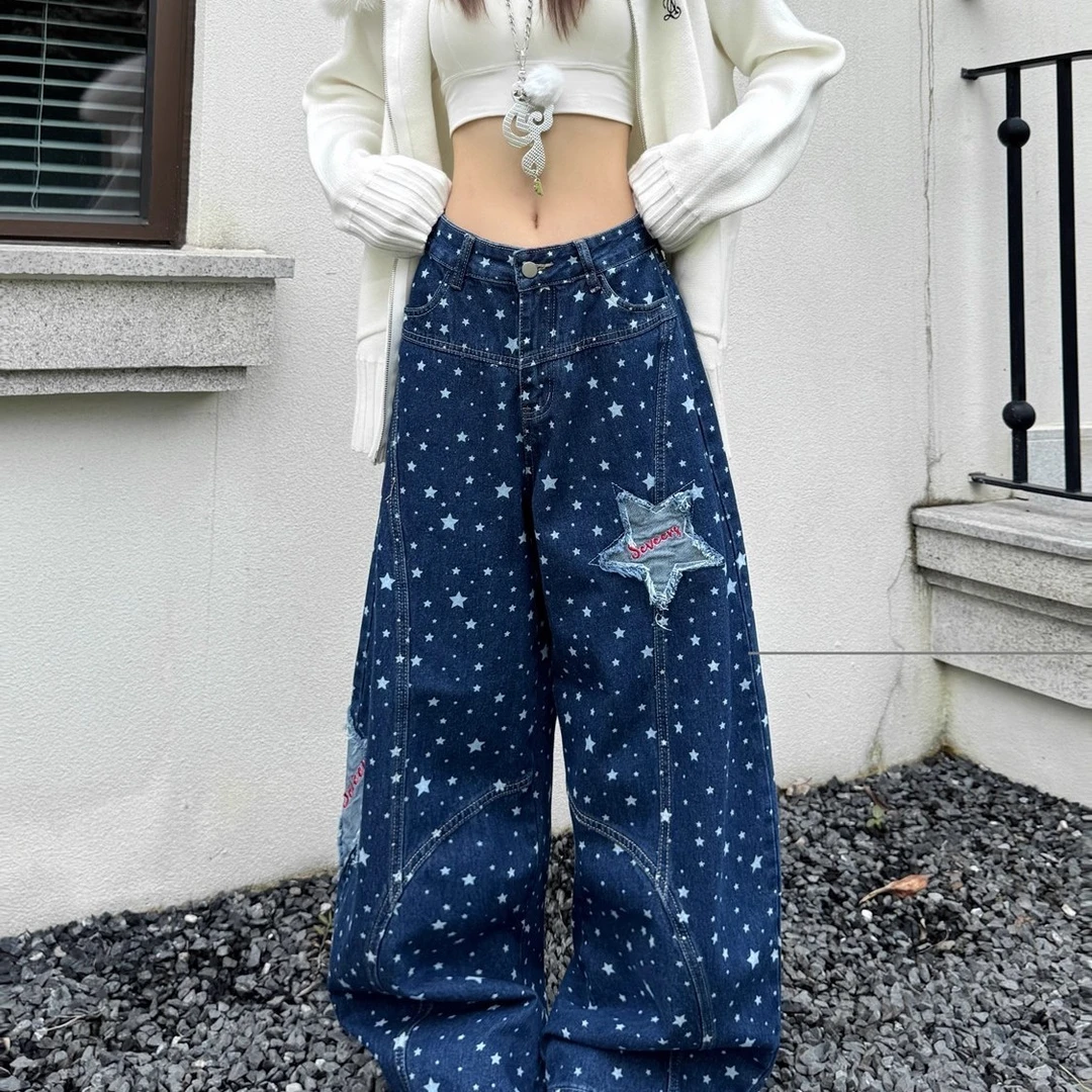 美式复古辣妹星星贴布满印弯刀牛仔裤男女高街宽松休闲阔腿长裤