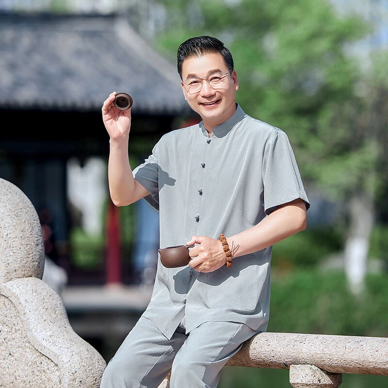 老爷车夏季新款短袖套装男士爸爸装唐装套装爷爷新中式短袖套装