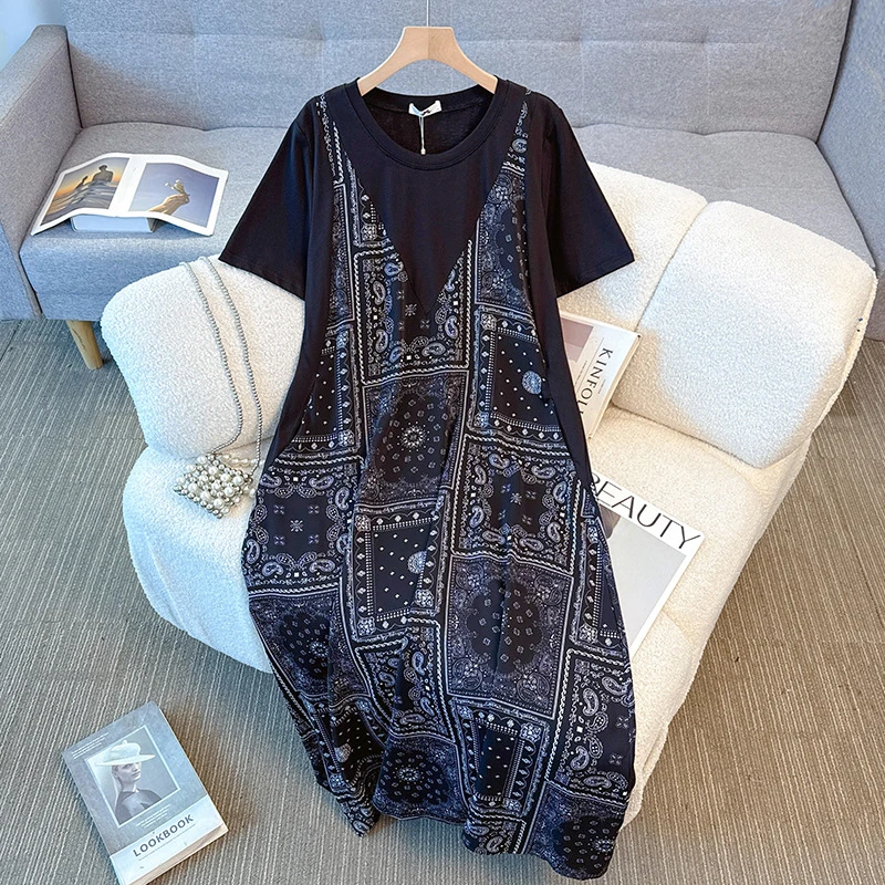 【133】130-350斤大码女装胖mm韩版圆领假两件拼接连衣裙夏季新款