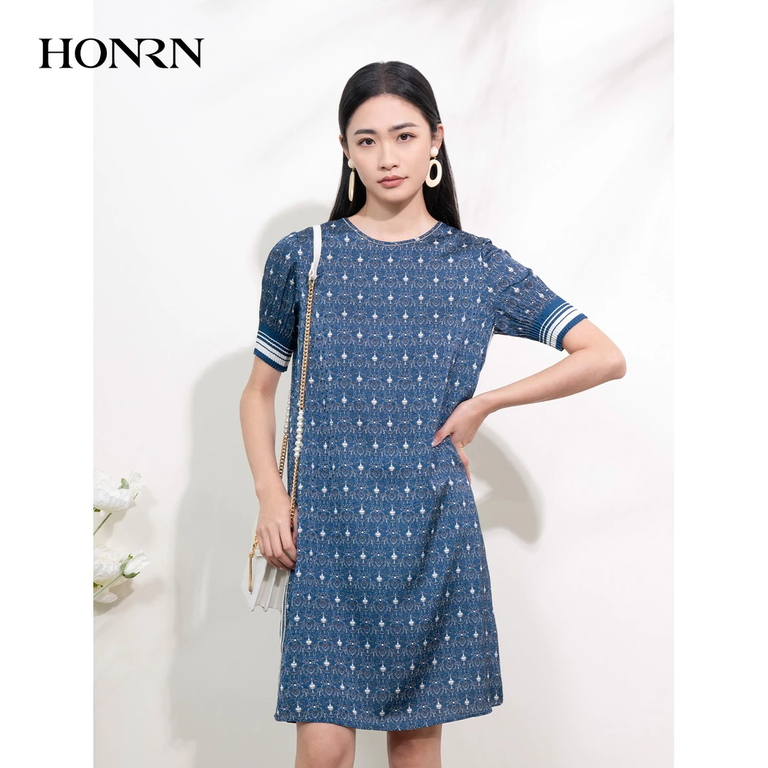 HONRN/微胖女生红人印花圆领短袖遮肉显瘦连衣裙女夏HI22OL718