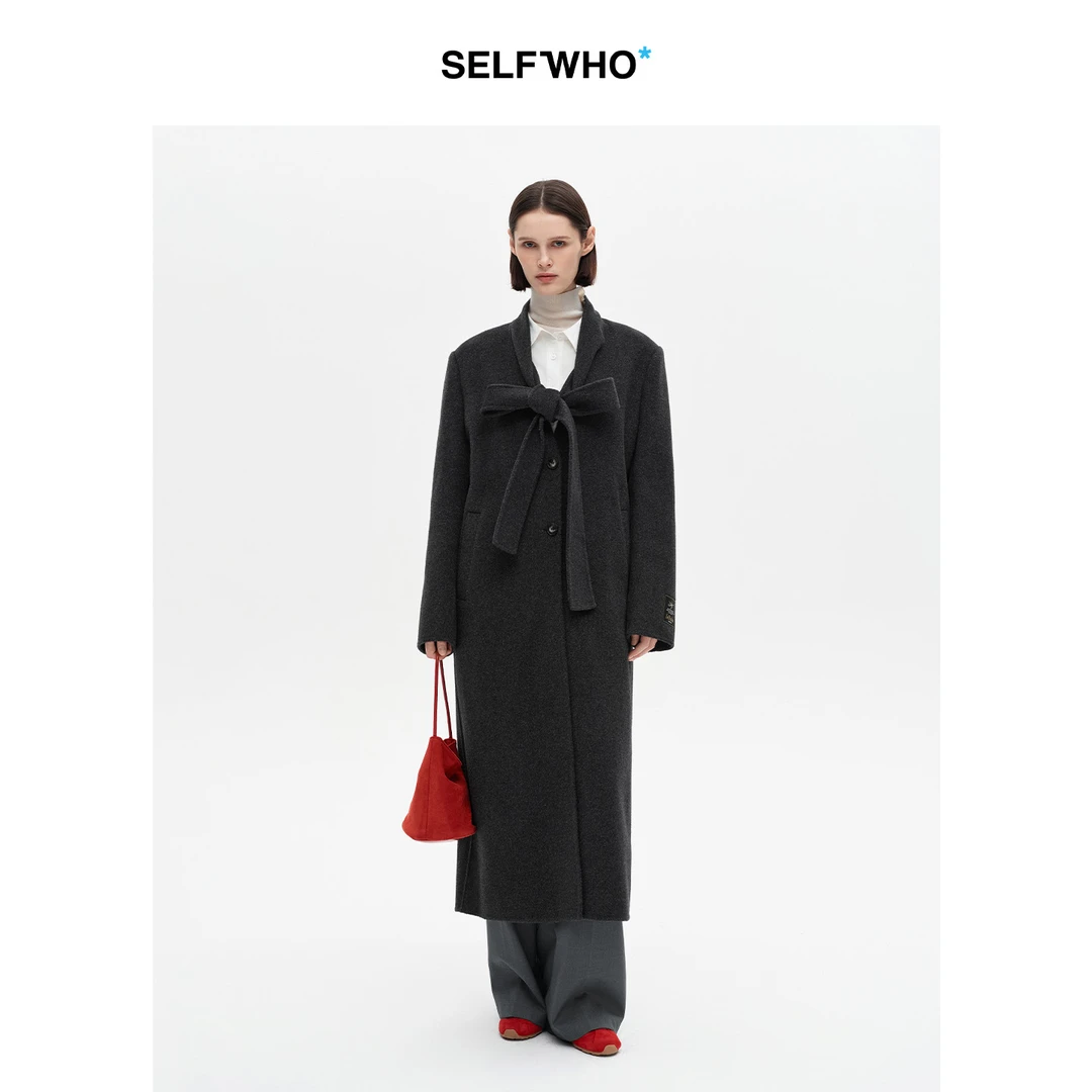 SELFWHO100%绵羊毛经典飘带领双面呢大衣女2025冬新款V领毛呢外套