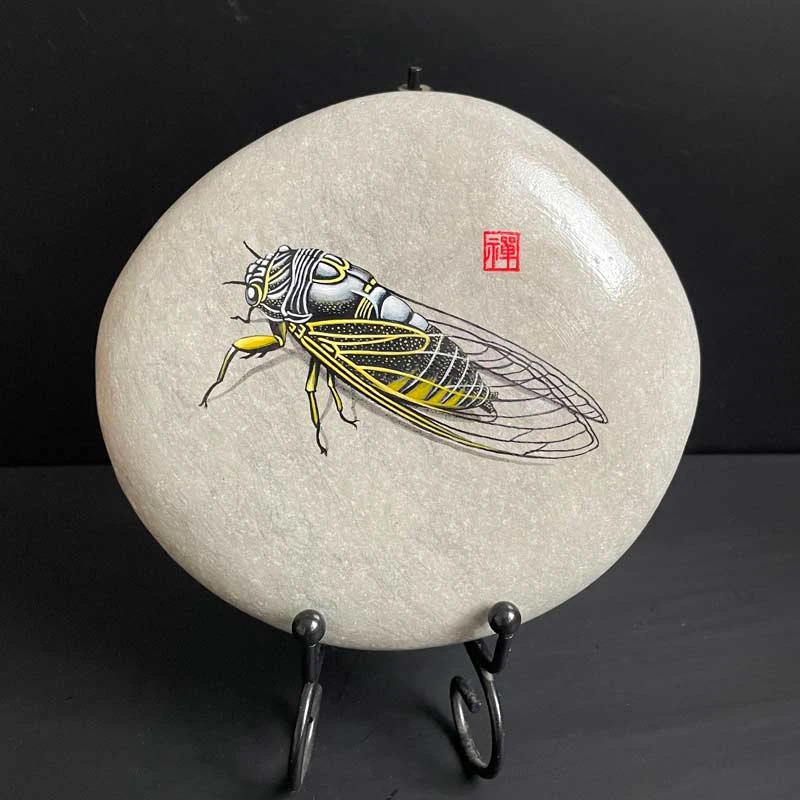 高端纯手绘防水不掉色丙烯石头画蝉办公司书房客厅节日礼品摆件