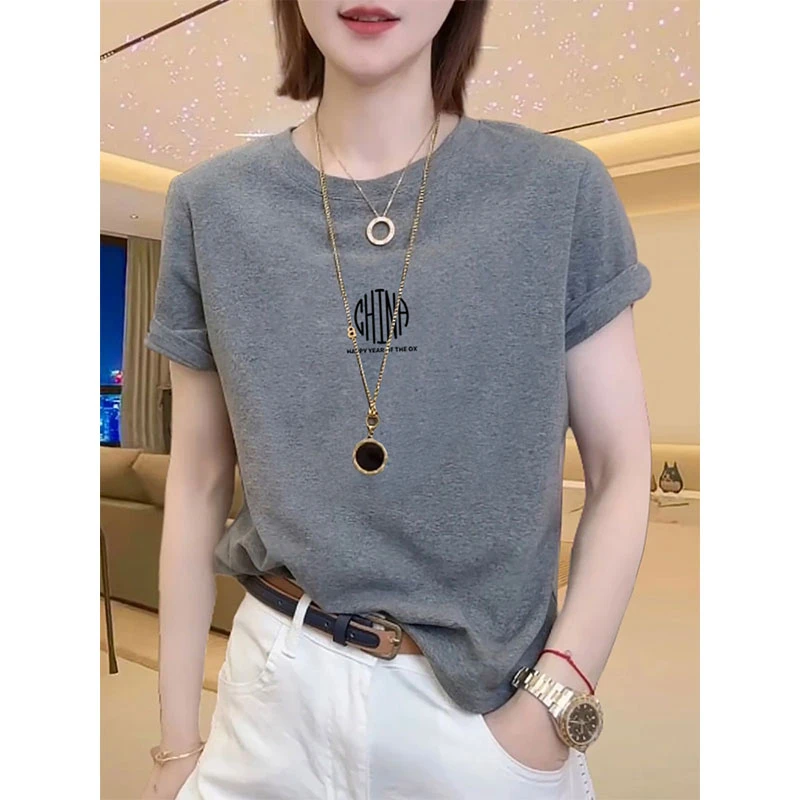 正肩短袖t恤女2025春夏秋季小众设计感时尚百搭深灰色上衣打底衫