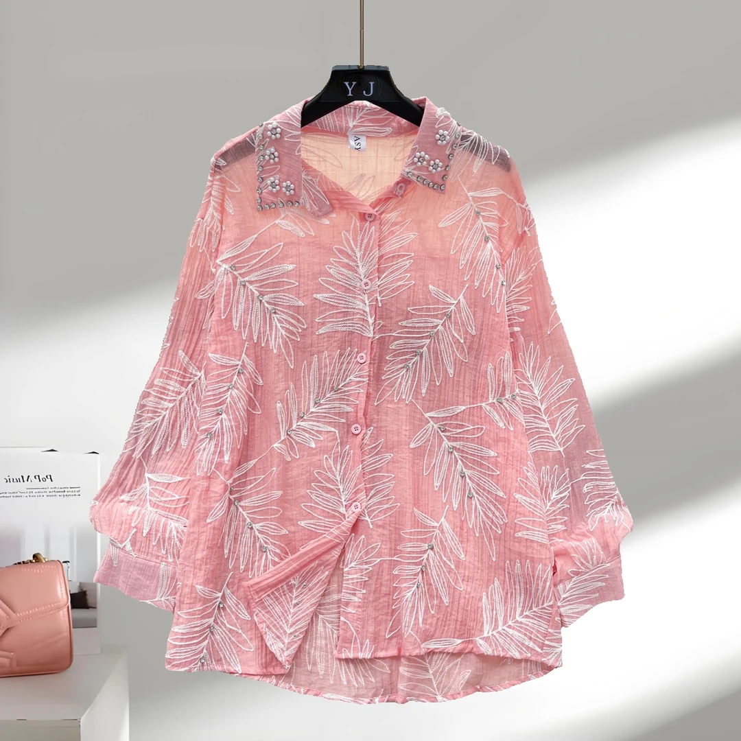 轻奢韩版名媛风长袖衬衫女夏季镶钻提花设计高级感御姐气质上衣潮