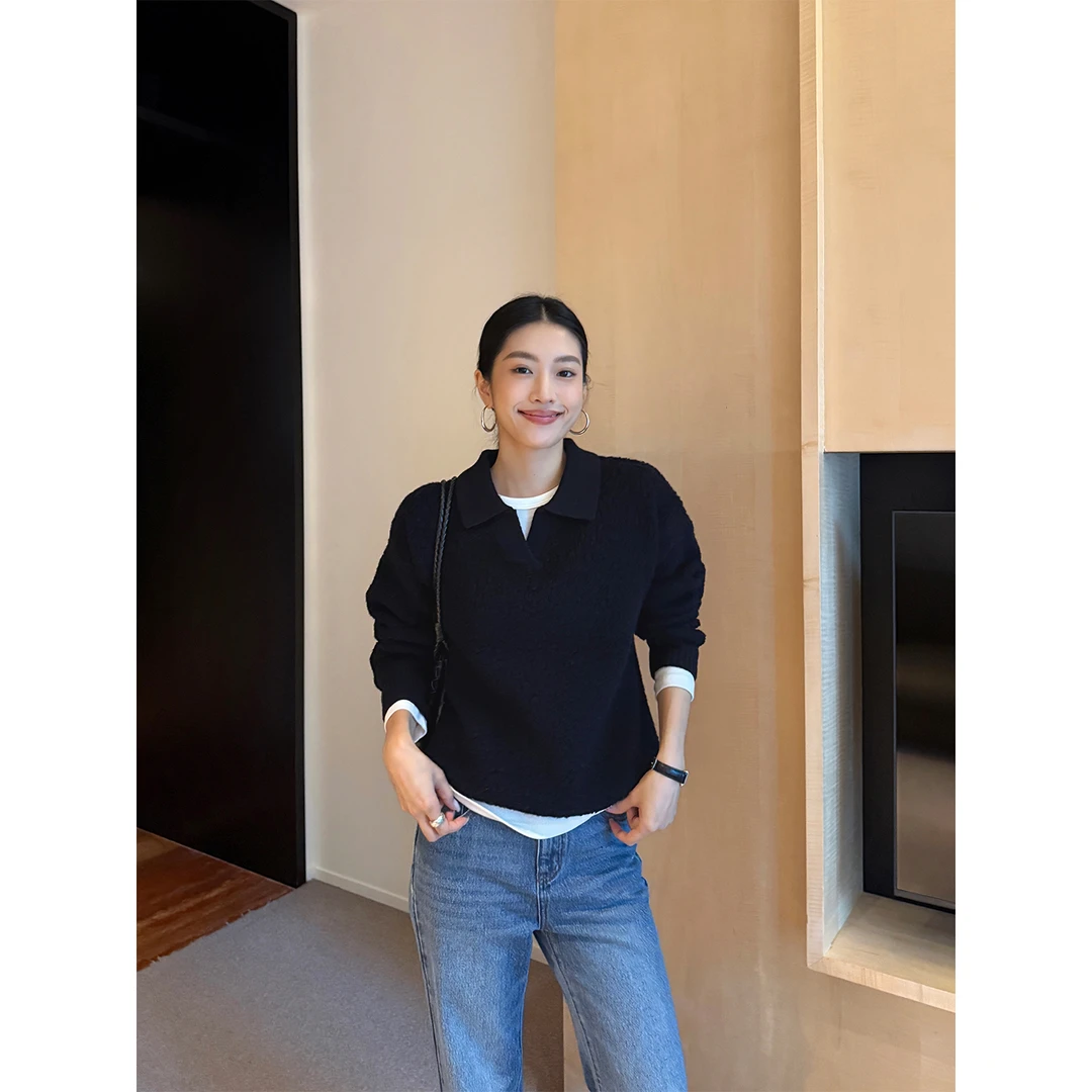 IAMJAM“藏青色polo衫毛衣”2025秋冬小众设计感宽松显瘦羊毛衫