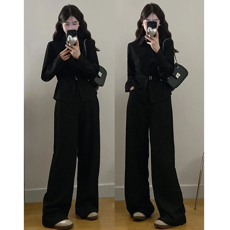 大码胖mm女装老钱风时尚套装翻领衬衫高腰宽松阔腿裤休闲两件套装