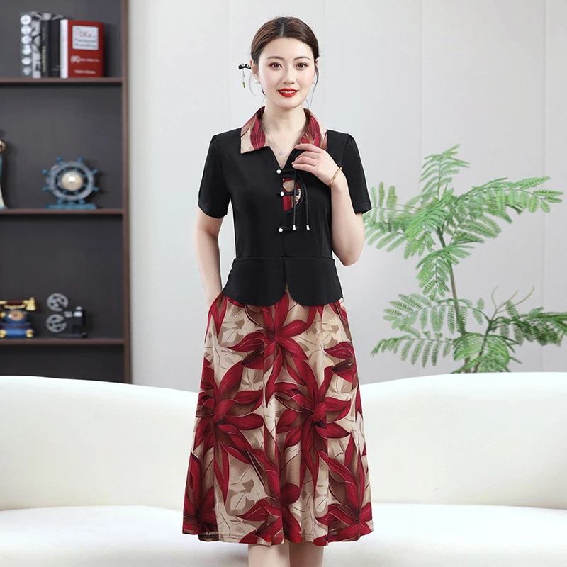 夏季新款时尚洋气高贵气质妈妈连衣裙宽松显瘦假两件短袖中长裙