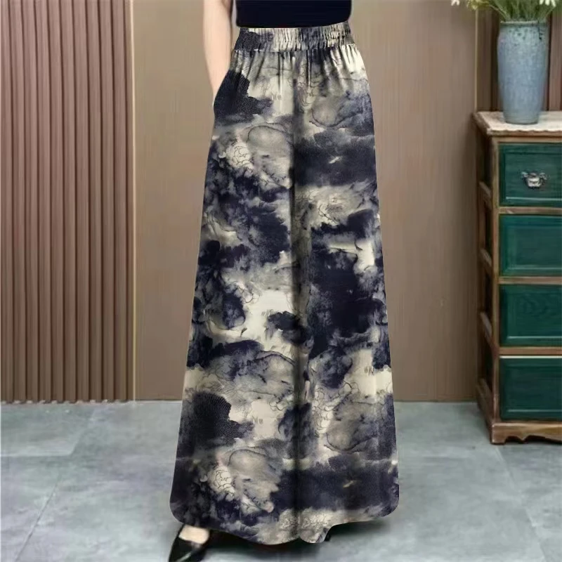 2025夏季新款高腰阔腿裤洋气减龄印花超大码长裤宽松冰丝休闲裤裙