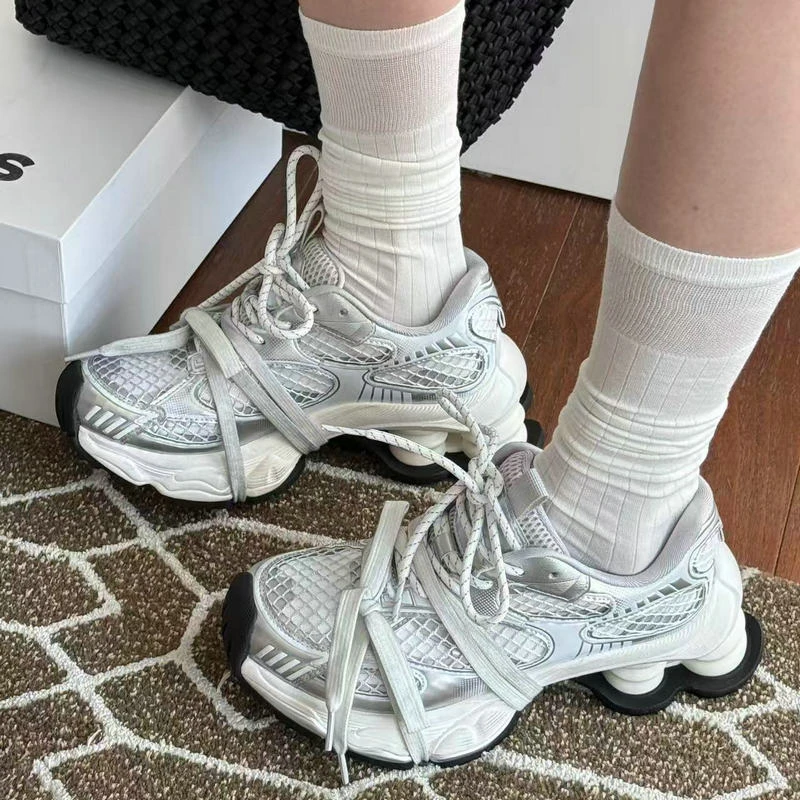 诗歌兰欧货女鞋2025年春新款真皮厚底增高绑带老爹鞋女休闲运动鞋