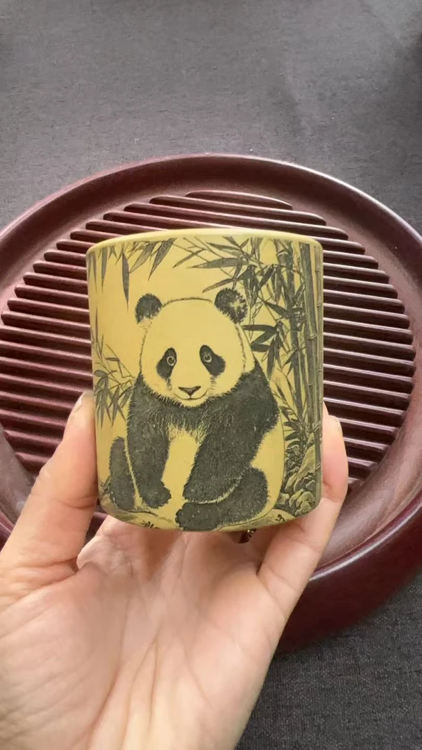 宜兴原矿紫砂杯黄金段泥直筒杯熊猫刻绘诗词秋风词容量150左右