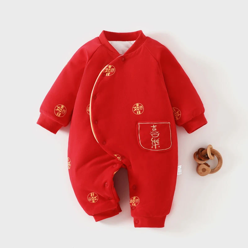 婴儿衣服秋冬款120g连体棉袄加厚宝宝满月百天礼服冬季红色棉袄