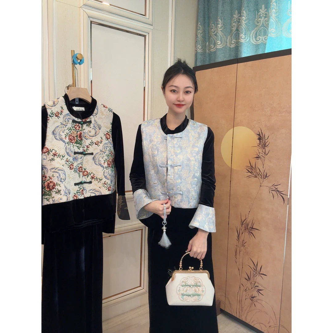 25新款蓝色 国风新中式薄棉盘扣马甲内搭半身裙三件套