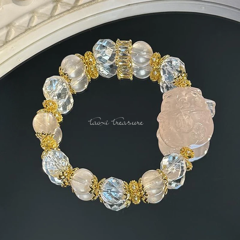 tx907-[胖嘟嘟招财猫]果冻马粉水晶刻面白水粉招财猫手串