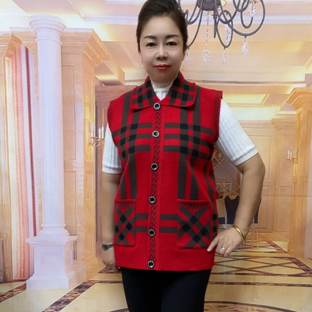 F大版方领针织格子开衫马夹女款马甲