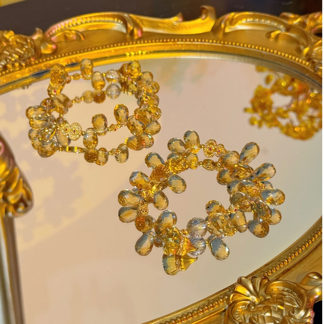 【黄金万两】巴西天然暴力黄水晶水滴形+8mm金发晶 925银多样性发一