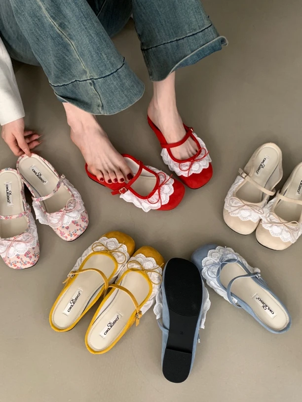 L C736 2025 新款甜美法式芭蕾风春夏蕾丝花边少女蝴蝶结平底半拖