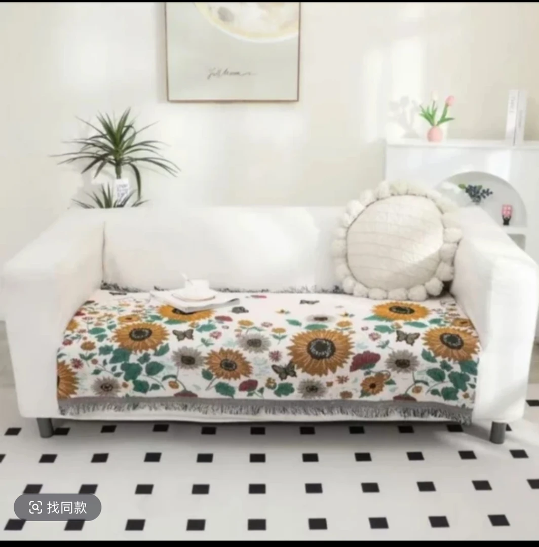85/180cm向日葵棉麻沙发巾流苏款野餐垫一片式万能沙发罩巾
