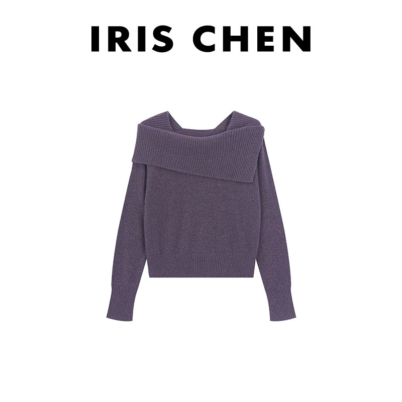 IRIS CHEN 一字肩 2025冬“100绵羊毛220g”翻领闪片针织衫25SY1061