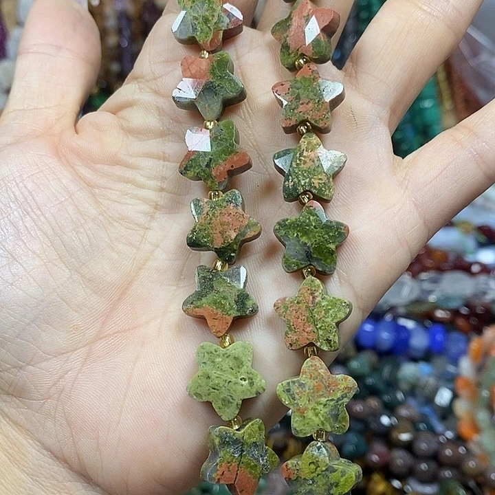 玛瑙/玉髓未镶嵌珠宝半成品天然花绿宝切面五角星卡14mm