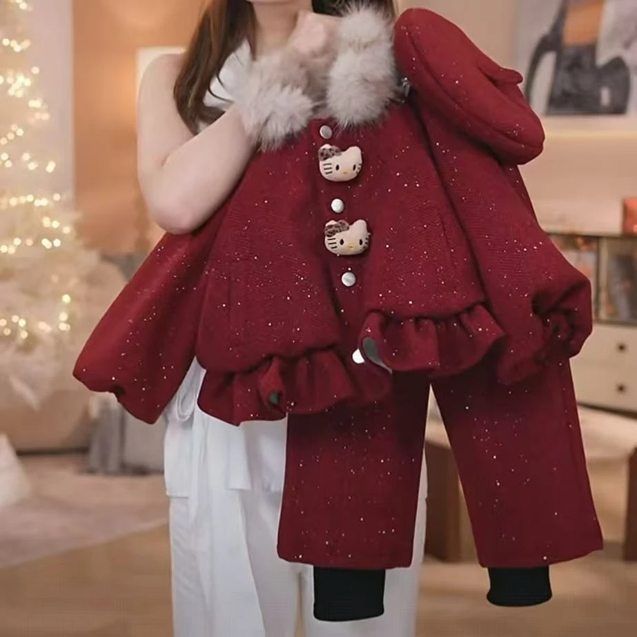 女童加绒加厚毛呢套装2025新款冬季儿童翻领洋气红色拜年服套装