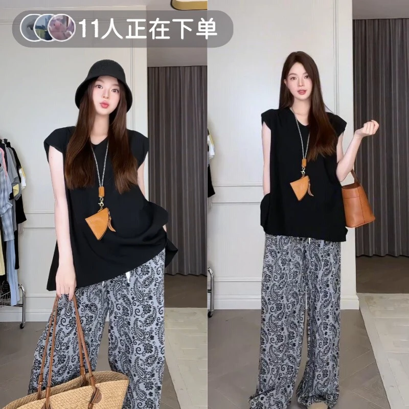 韩版孕妇夏装新款套装2025百搭宽松外穿无袖上衣碎花阔腿裤两件套