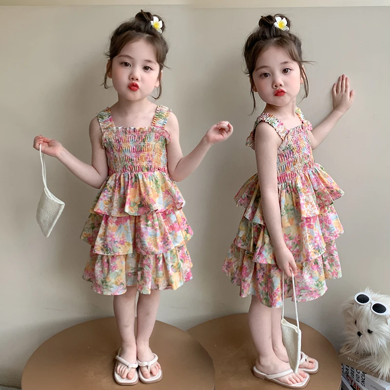 女童夏季吊带连衣裙薄款2025新款儿童夏装小女孩无袖碎花蛋糕裙子