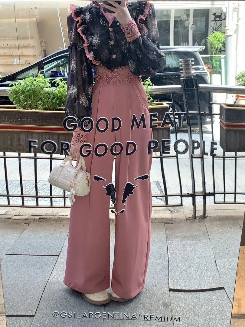 【一生罗曼】温柔百搭设计感腰头立体花朵阔腿穿搭长裤K567