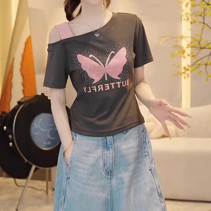 重工烫钻蝴蝶露肩短袖T恤夏季薄款胖MM大码女装时尚显瘦遮肉上衣