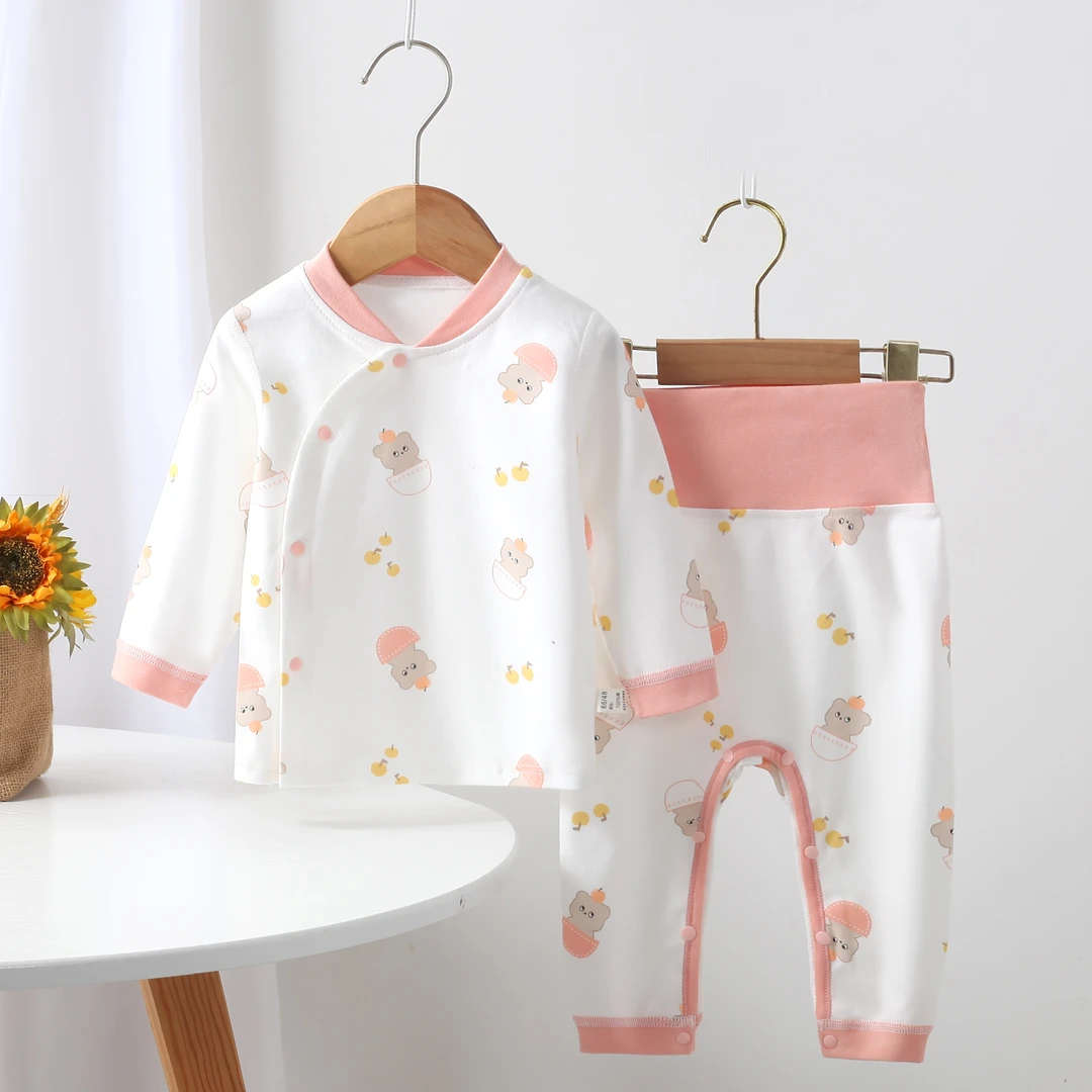 婴儿纯棉分体套装男女宝宝无骨免脱春秋两件套新生儿高腰护肚衣服