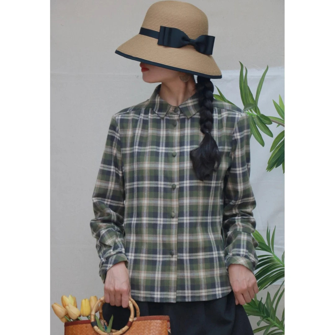 熹泮25优雅格调绿印花文艺百搭舒适麻衬衫女国风春夏亚麻重工包扣