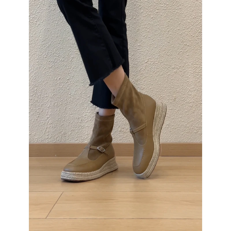 nnmiss·34-39/5cm草编坡跟短靴百搭复古方头丁字扣拼接弹力瘦瘦靴