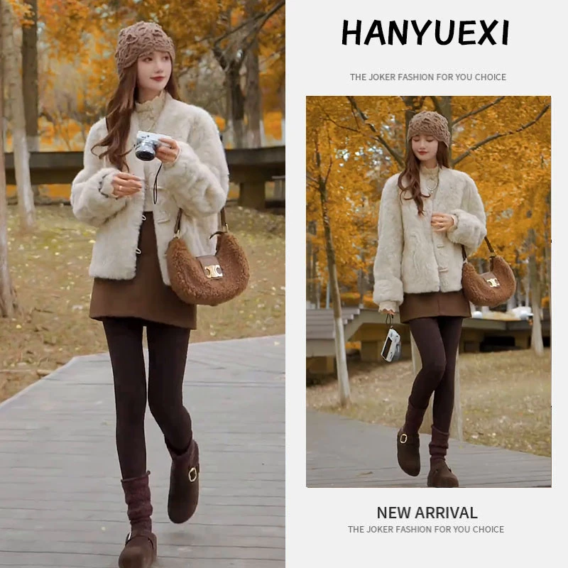 入秋穿搭一整套女装2025新款韩版蕾丝打底衫羊羔毛外套短裙三件套