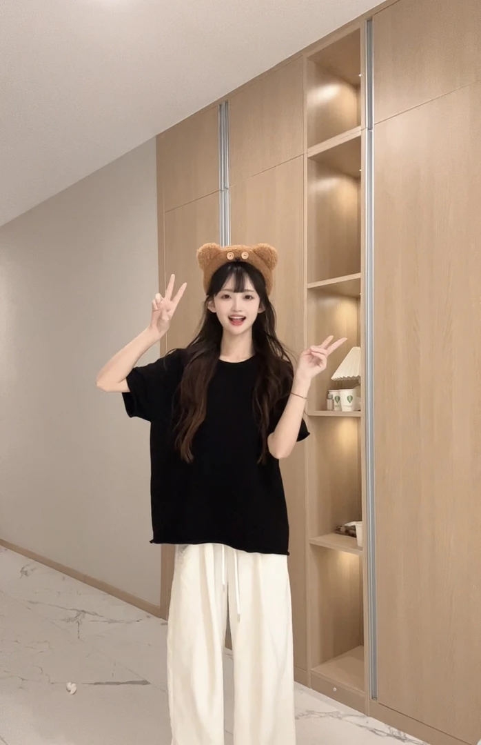 多巴胺复古纯色卷边圆领正肩半袖t恤女2025夏季温柔百搭针织上衣