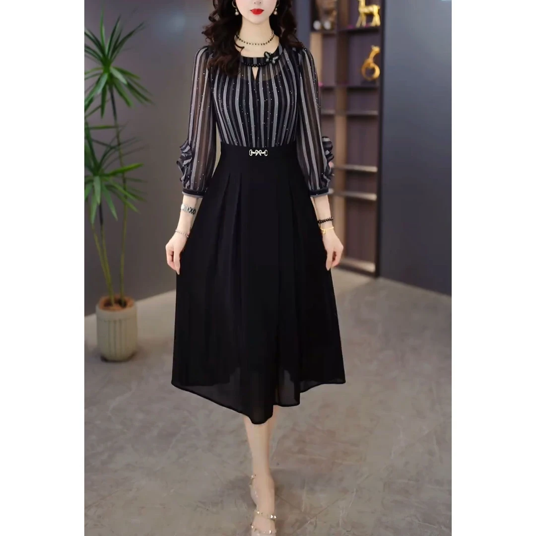 时尚洋气设计感收腰显瘦中长裙2025秋季新款气质显瘦假两件连衣裙