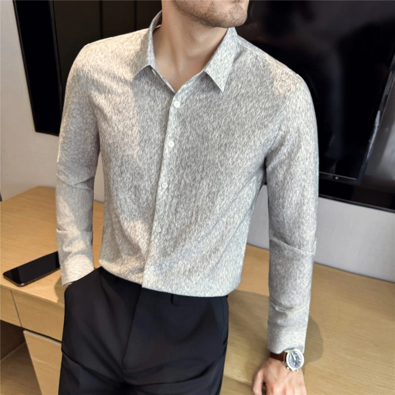 亲肤透气褶皱肌理感细条纹修身长袖衬衫男商务衬衣深灰色休闲帅气