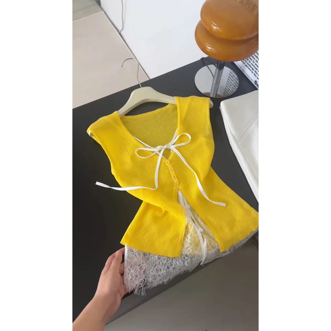 新中式甜美外搭蕾丝无袖背心女2025夏季新款纯色纯欲风拼接小衫潮
