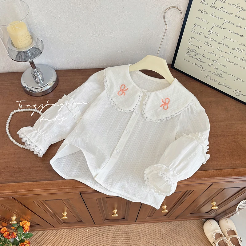 女童春秋季新款洋气韩版甜美蝴蝶结衬衫花边领打底衫儿童衣服春秋