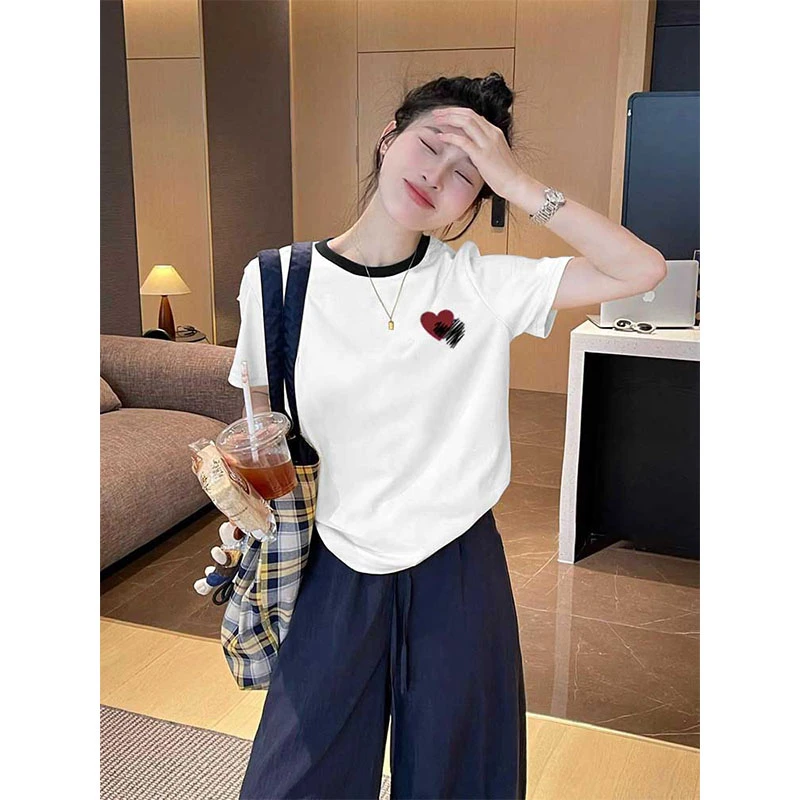 正肩圆领圆领拼色短袖t恤女新款设计感时尚百搭上衣显瘦打底衫春