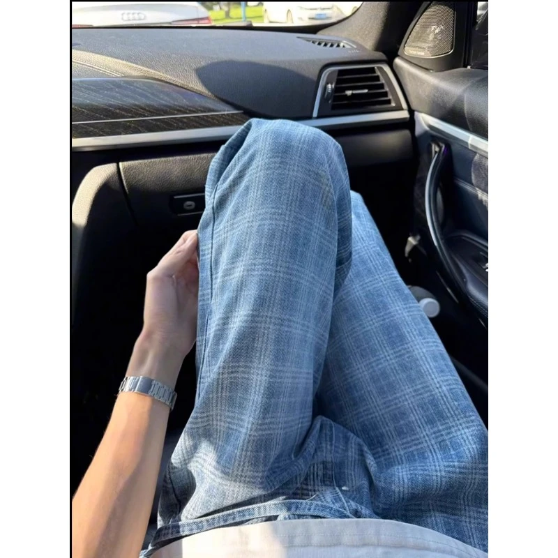 浅蓝色格子牛仔裤男款夏季薄款vibe直筒长裤美式高街微喇弯刀裤子
