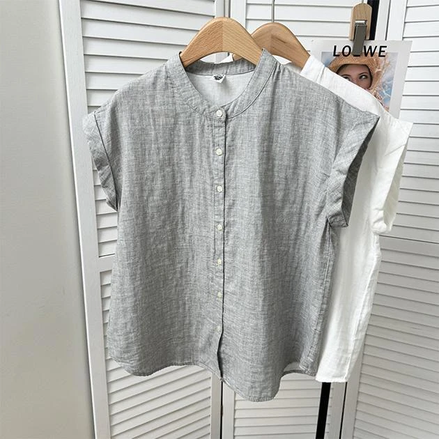 【三言优选】夏季双层纱原宿风休闲风衬衫女立领宽松复古透气0189