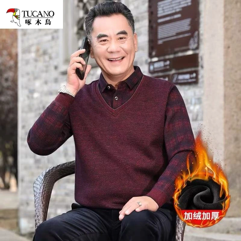 啄木鸟爸爸装冬季加绒加厚毛衣2024新款时尚新年红色保暖针织上衣