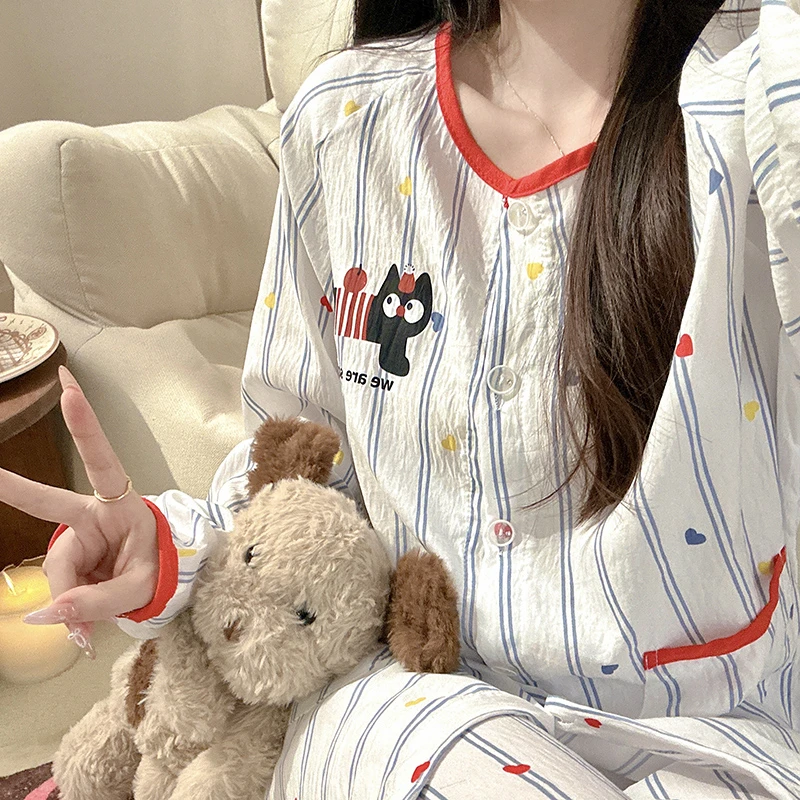 日系爱心小黑猫睡衣少女心春秋季可爱泡泡棉长袖学生两件套家居服