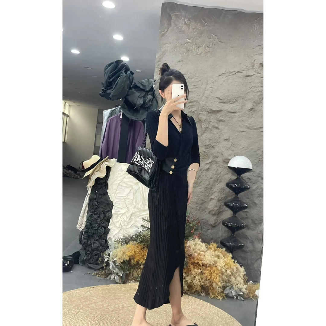 525-短袖中长裙秋季U型领长裙连衣裙收腰女装athflow风