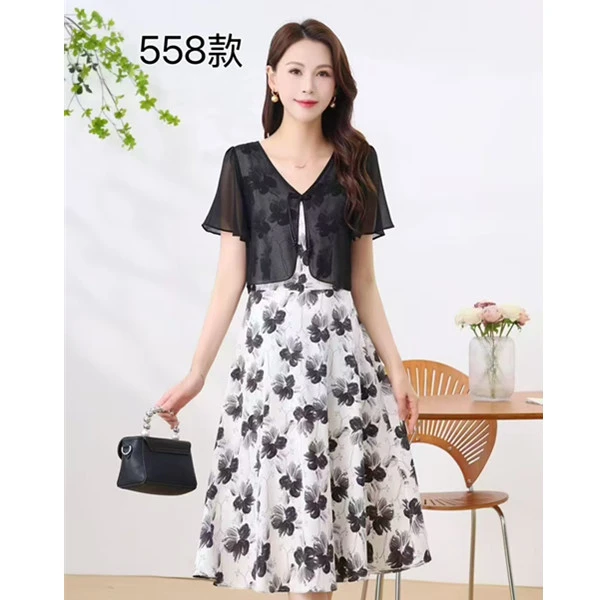 中式国风提花盘扣假两件拼接遮肚短袖凉快中长连衣裙58款