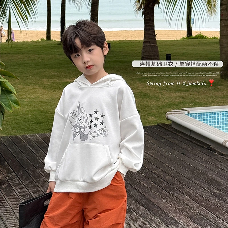 虾酱麻麻男童连帽卫衣春秋装2025新款男孩衣服韩范白色儿童上衣